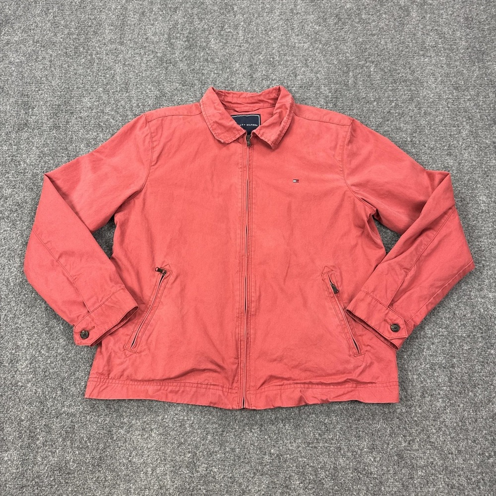 Tommy Hilfiger Jacket Mens Large Red Cotton Canvas Windbreaker Lined Casual‎